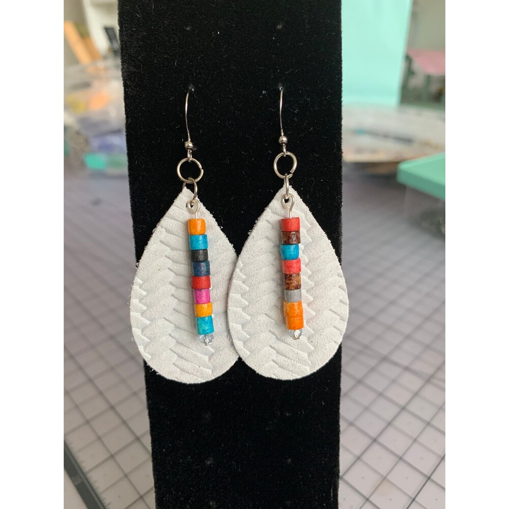 White Fishtail Braid Embossed Leather Teardrop Earrings